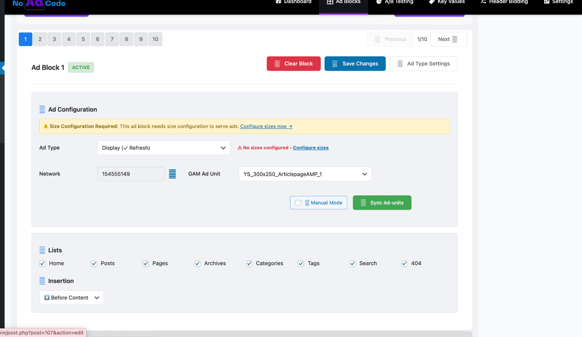 NoAdCode display ad block configuration with size dropdown
