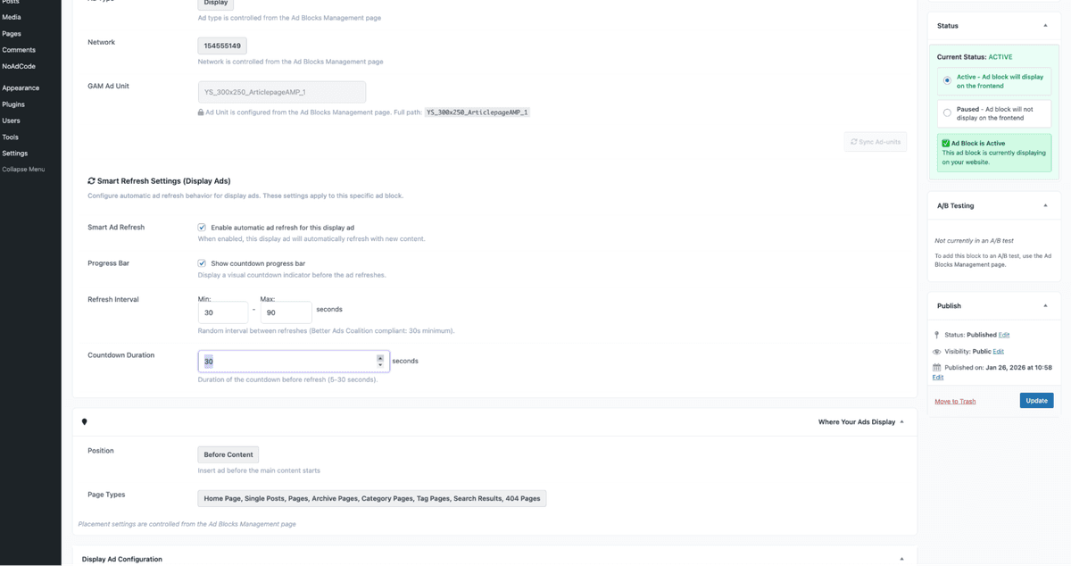 NoAdCode ad block format selection and smart refresh options