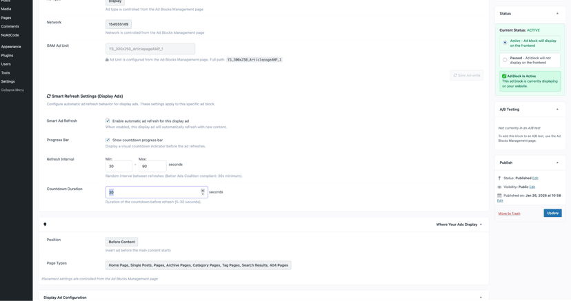 NoAdCode Display Ad Smart Refresh settings