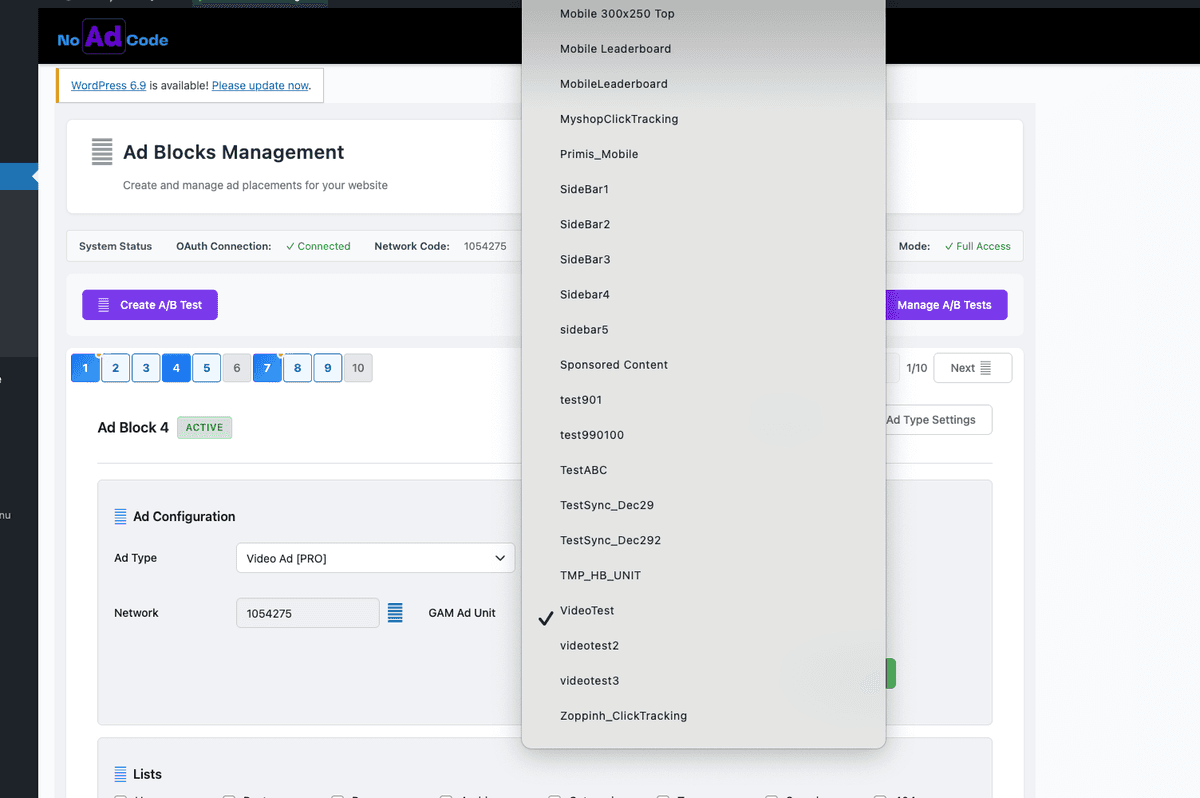 NoAdCode GAM ad unit selection dropdown showing available ad units