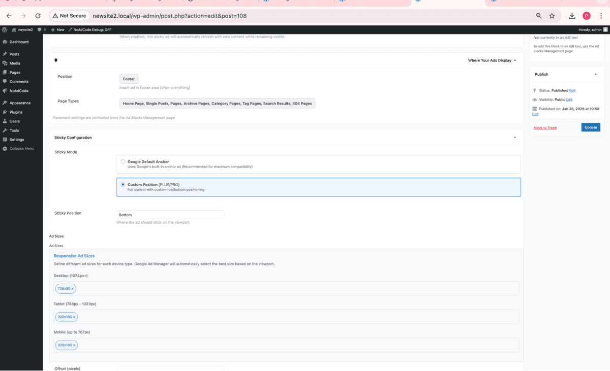 NoAdCode Sticky Ad configuration options showing Google Anchor and Custom Sticky modes