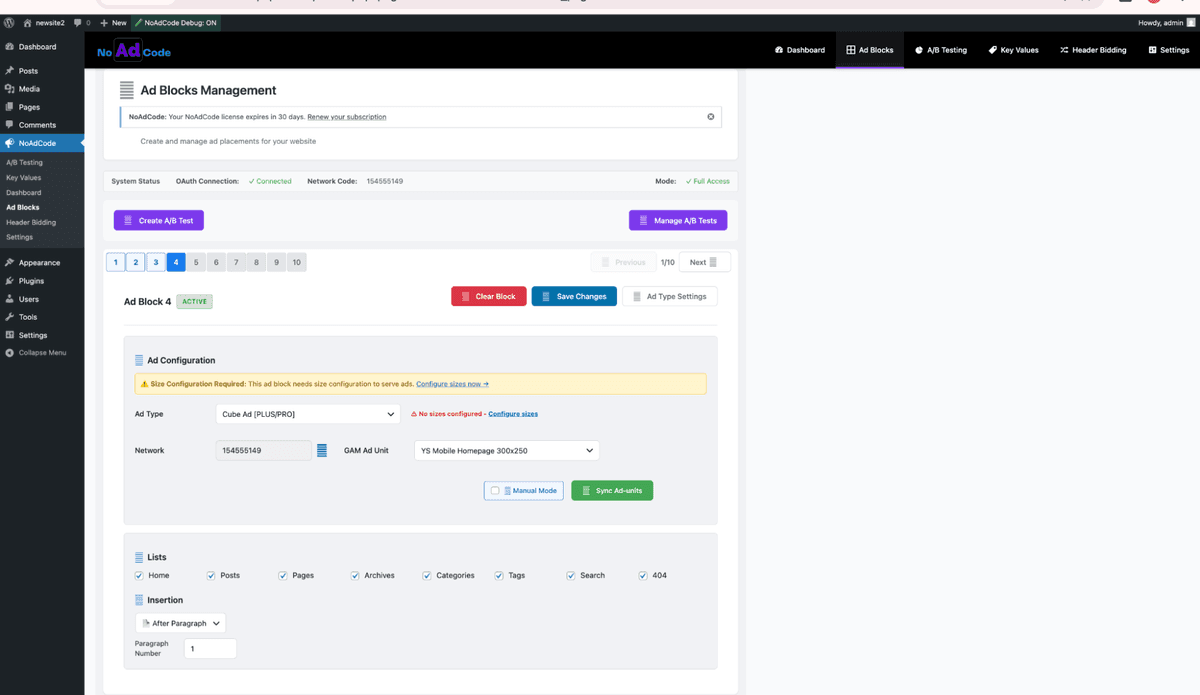 NoAdCode Cube Ad configuration options
