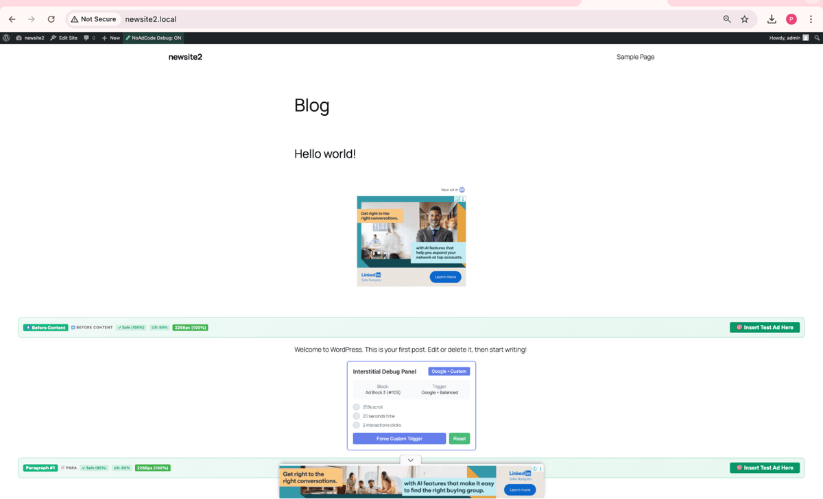 NoAdCode Debug Mode showing ad information overlay on frontend