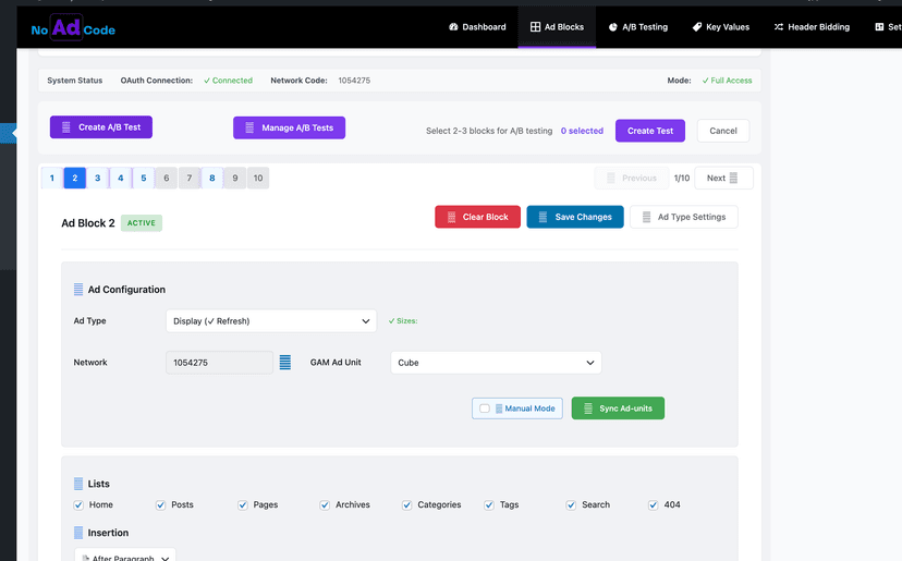 Ad blocks selection mode with 0 selected