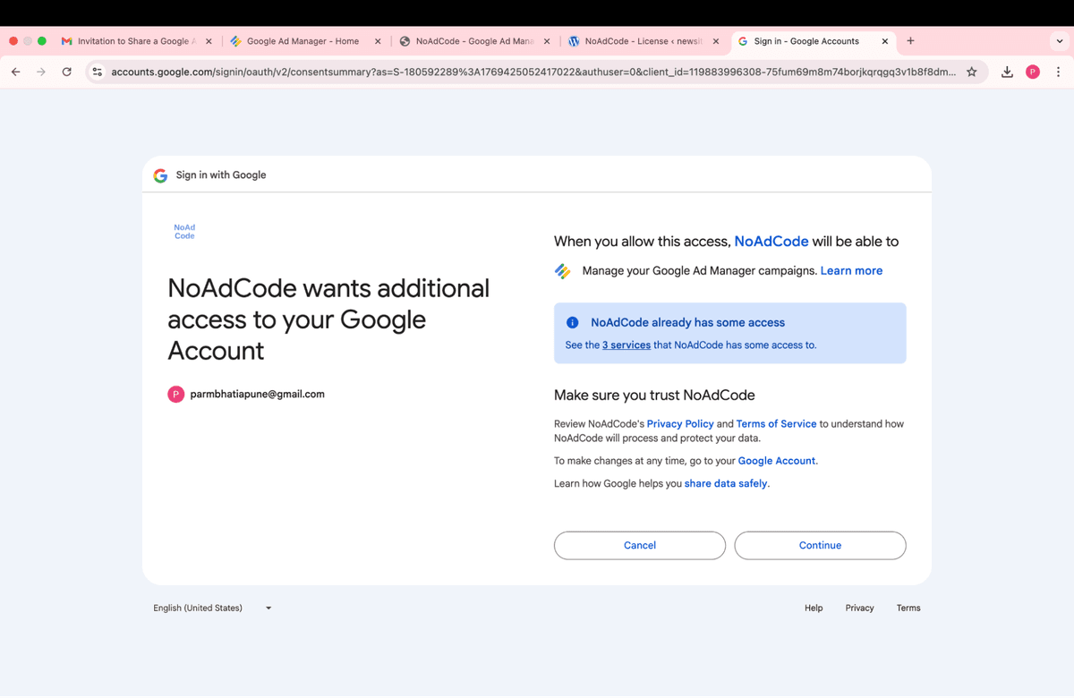 Google permissions consent screen