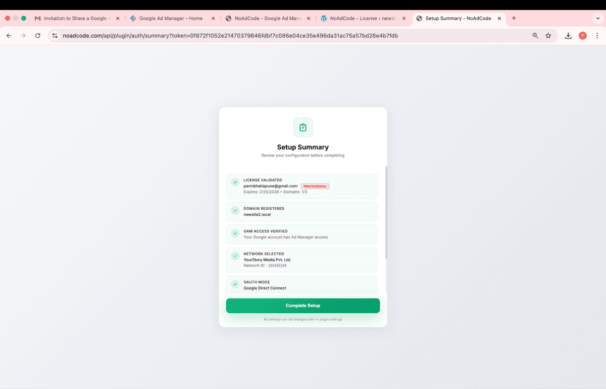 Setup summary showing all steps completed